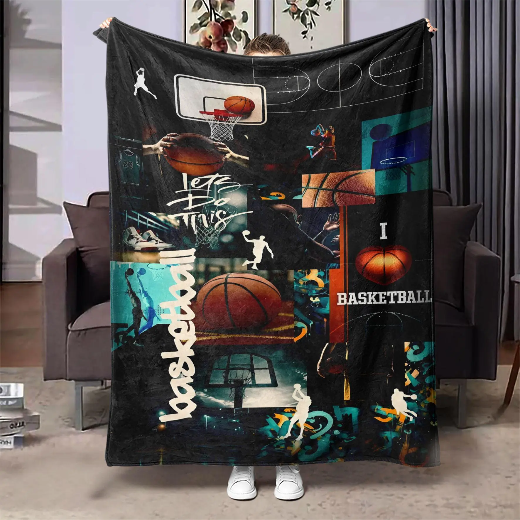 Basketball Pattern Blanket, Soft Throw Blanket, Air-Conditioned Room Blanket, Warm Nap Blanket For Home Office Travel Camping, Slogan Print Blanket