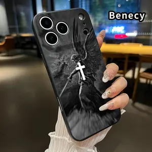 Straight Edge TPU Phone Case for iPhone 17 15 16 14 Pro Max 13 12 11 XR XS Plus Air E Christian Aesthetics Cross Judgement Angel Pattern Drop Protection Shockproof Soft Liquid Silicone Smartphone Cover Durable Cellphone Casing
