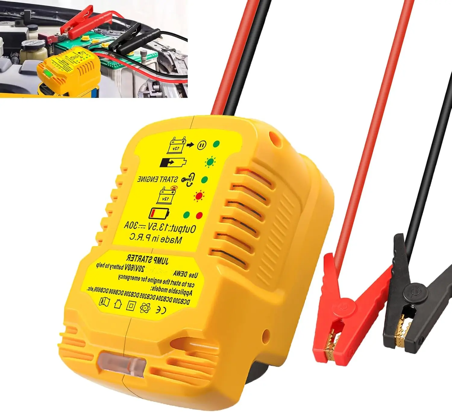 ump Starter Adapter for DeWalt 20V/60V Li-ion Battery Powered with Jumper Cable Clamps Portable Car Battery Charger Jump Starter(Battery Not Included)