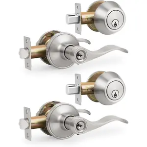 Satin Nickel Keyed-Alike Door Levers and Single Cylinder Deadbolts Combination Sets Front Door Locksets, with Same Key, Locking Handle with Deadbolt Same Key, 2Pack