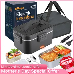 Nifogo Portable Heated Lunch Box 80W 1.8L Stainless Steel Electric Food Warmer Display Screen Car Truck Office School Square Black