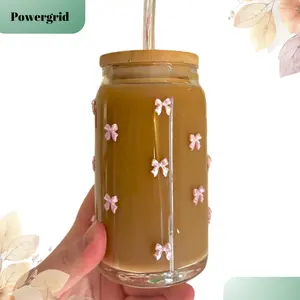Girly Bow Can Glass, Iced Coffee Cup, Beer Can Glass With Bamboo Lid, Viral bow cup
