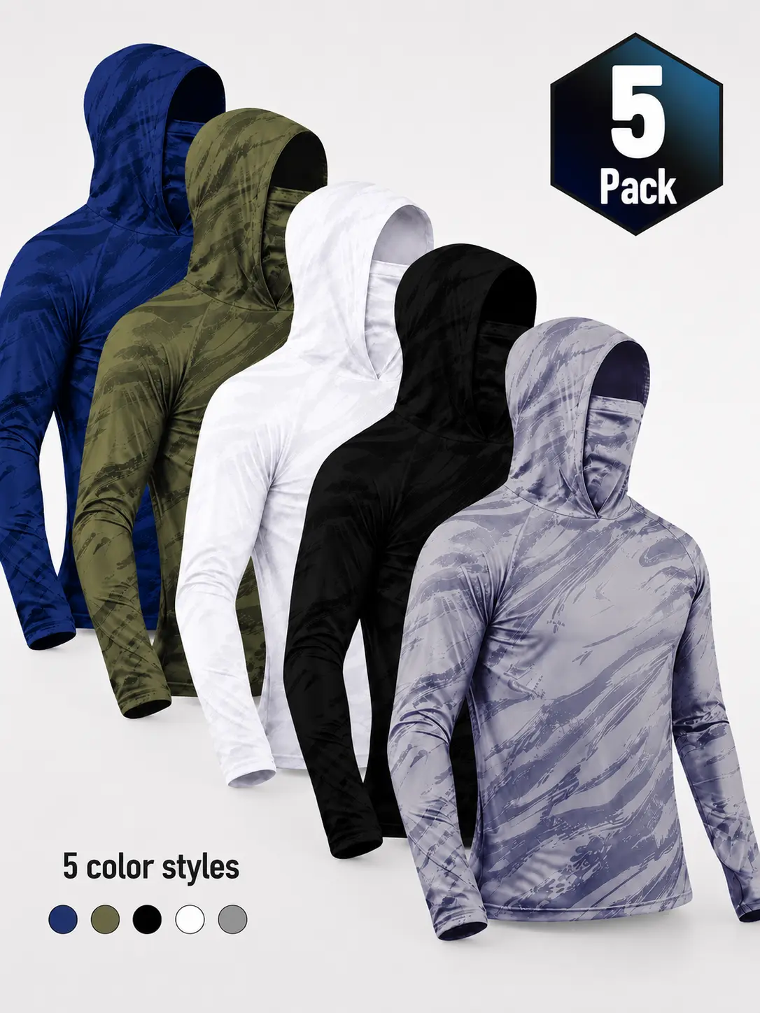 5-Piece Men's Quick-Dry Breathable Hoodies with Face Coverings Long-Sleeve T-Shirts - Spring/Fall Compression Sports Tops - Quick Dry Compression Fishing Shirts Long Sleeve Outdoor Work Tactical Hiking Gear Athletic Fashion summerwins Dry Fit Activewear D