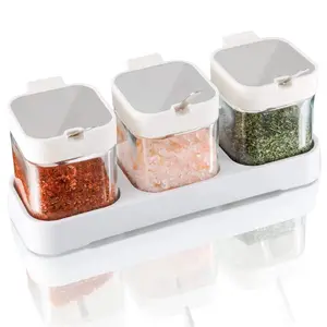 8.6 oz Condiments Container Seasoning Jars, Kitchen Spicy Jars with Lids and Spoons, Tea Coffee Sugar Canisters Glass Spice Box, Set of 3, White