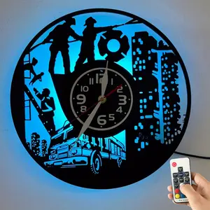 Firefighter Silhouette LED Vinyl Wall Clock Multi-Color Night Light Irregular Art Decor Perfect Holiday Gift for Firefighters (Battery Not Included)