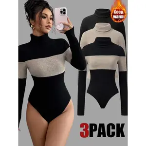 Women’s high-neck color-block fitted jumpsuit set, autumn–winter warm and comfortable elastic simple multifunctional top, 3-piece jumpsuit set GARMENTARY