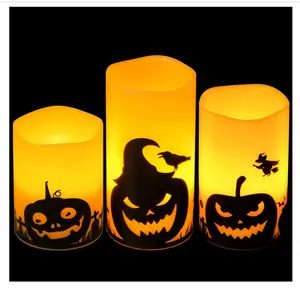 Eldnacele Halloween Flameless Candles, LED Flickering Battery Pillar Candles with 6H Timer and Pumpkin Decals, Spooky Fall Halloween Festival Party Decoration Set of 3 (D 3” x H 4” 5” 6”)