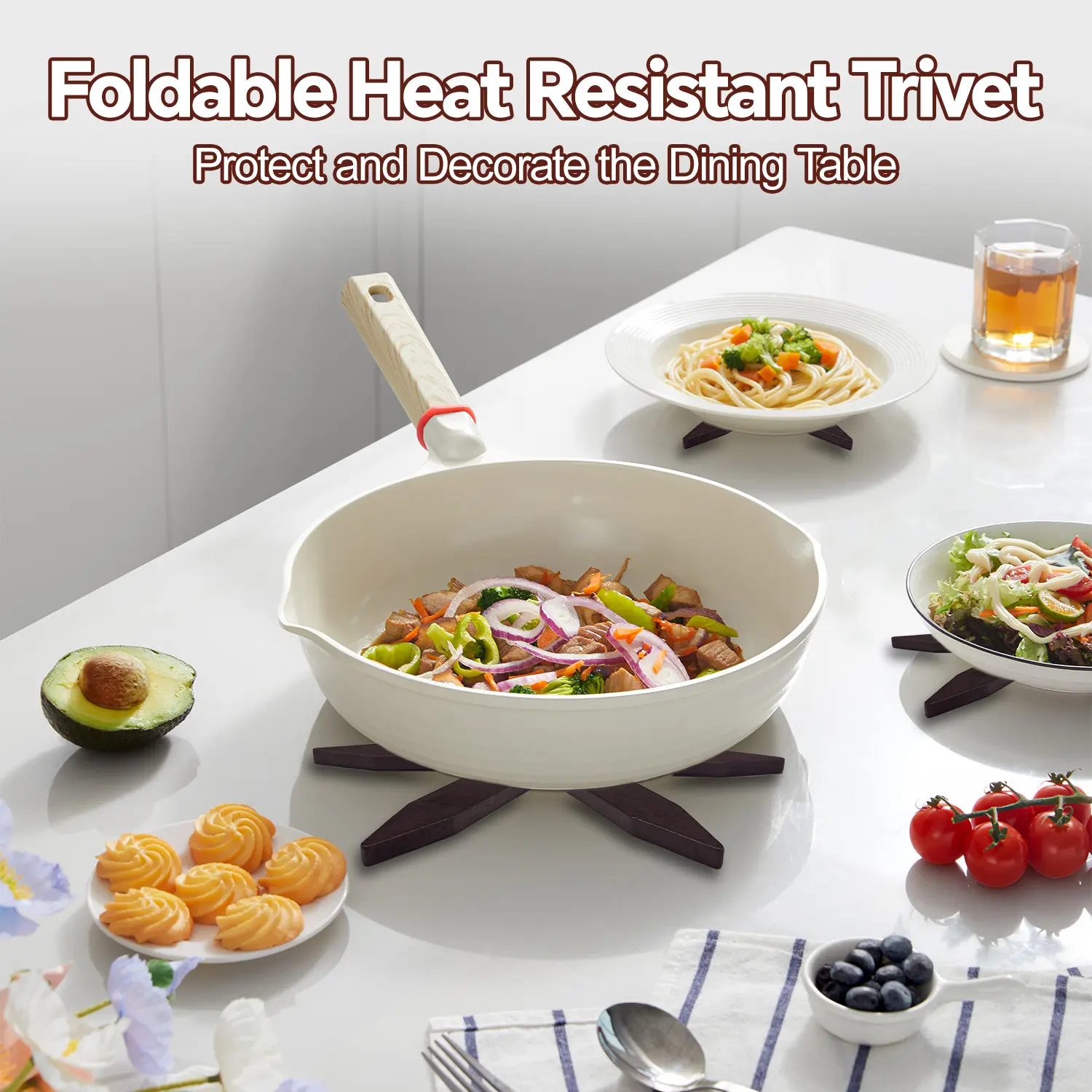 Durable solid wood - Natural tree-shaped tray set - 4 wooden trays and 1 stand - Heat-resistant foldable design - Suitable for hot dishes, pots, bowls, teapots, etc. - Kitchen tableware, coaster, coffee color - BY