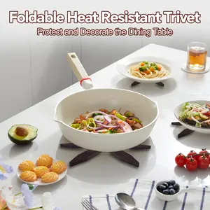 Durable solid wood - Natural tree-shaped tray set - 4 wooden trays and 1 stand - Heat-resistant foldable design - Suitable for hot dishes, pots, bowls, teapots, etc. - Kitchen tableware, coaster, coffee color - BY