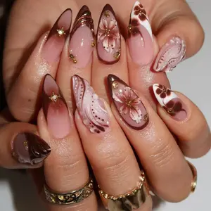 24pcs Medium Almond French Tip Press-On Nails, 3D Gel Floral Design with Small Gems and Pearls, Glossy Acrylic False Nails for Women