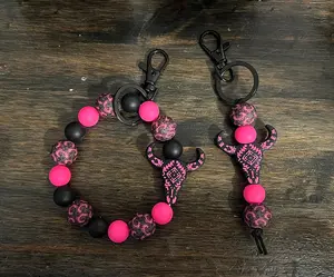 Pink Aztec Cow Skull Keychain Set