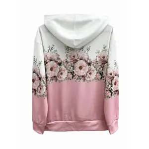 Women’s plus-size casual coat featuring an ombre floral print, a hooded design with drawstring and long sleeves, zip closure, medium stretch fabric, and kangaroo pockets.