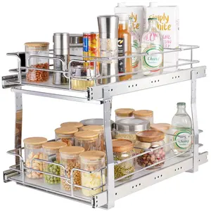 fathersdaygift VEVOR 2 Tier 14Wx21Dx15H Pull Out Cabinet Organizer, Heavy Duty Slide Out Pantry Shelves, Steel Roll Out Drawers, Sliding Drawer Storage for Home, 15.5Wx22Dx18H Install Size for Cabinet