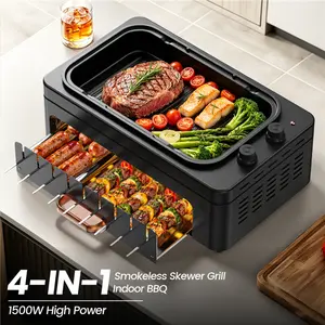 1500W Smokeless Indoor Electric Grill, Portable 3-in-1 BBQ with 360° Auto-Rotating Hot Dog Roller & Kabob Skewers, Dual-Zone Griddle & Grill, Precise Temp Control, Dishwasher Safe Non-Stick, Gift for Home Party & Camping