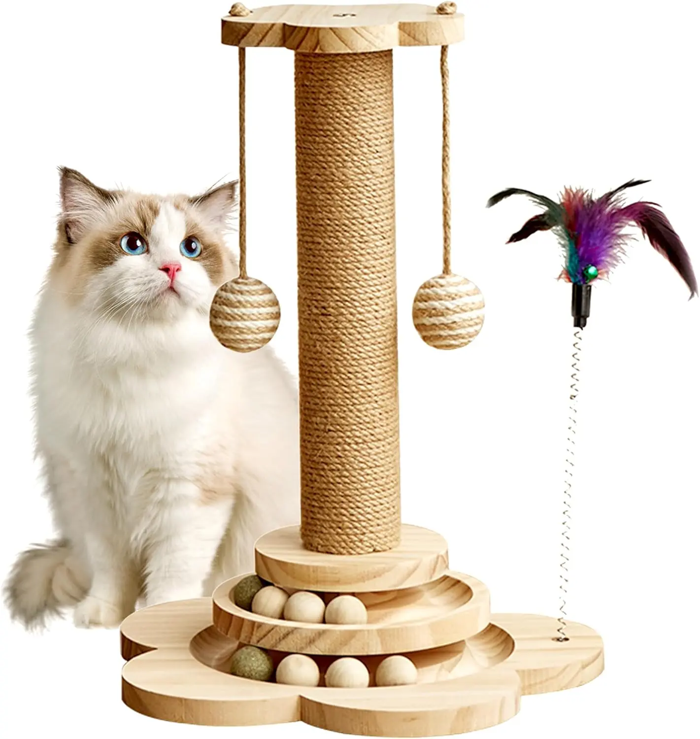 Natural Wood 4-in-1 Freestanding Cat Scratching Post, 17.7" Tall Plain Scratcher, 2-Level Track Balls, Interactive Feather Toy, Sisal Hanging Ball for Indoor Cats, Ca, Entertainment
