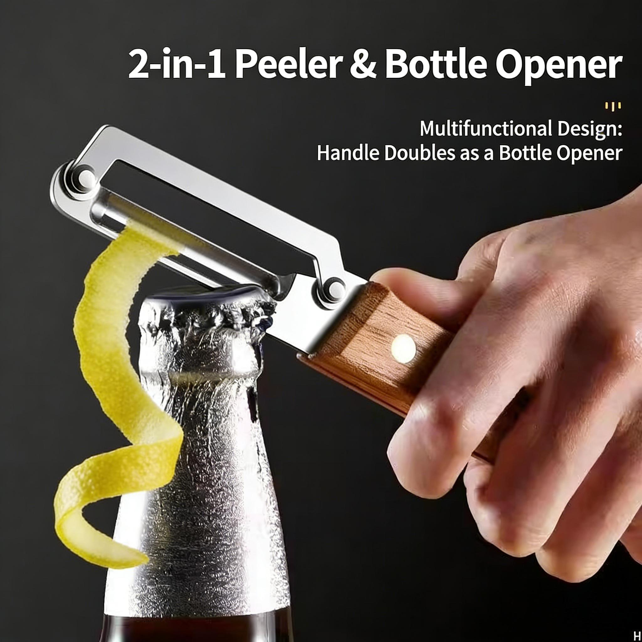 Multi-Functional Kitchen Vegetable Peeler, Ultra-Sharp Premium Stainless Steel Blade, Comfort Grip Ergonomic Wooden Handle, All-in-One Tool with Built-In Bottle Opener for Fruits Vegetables Peeling Daily Cooking