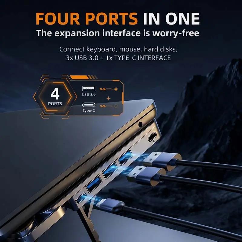 Gunmetal Laptop Stand with Foldable USB Hub, Adjustable Ergonomic Desk Riser, Multi-Port Expansion for MacBook, PC, Tablets & Travel Use