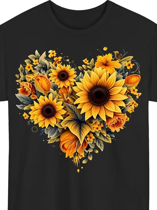 Women's Round Neck Short Sleeves Sunflower & Leaf Print Lightweight Plus Size T-Shirt - Machine Washable, Comfortable Casual Vacation Spring Summer Top