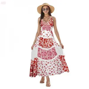 YehGoods 2026 Ocean Style Women's Casual Summer Lace Patchwork Dress Puffy Short Halter Neck Smocked Tiered Ruffle Sleeveless Boho Cute Holiday Indoors Outdoors Womenswear in Pink & Blue - Fabric, Check tiktokshopspringglowup