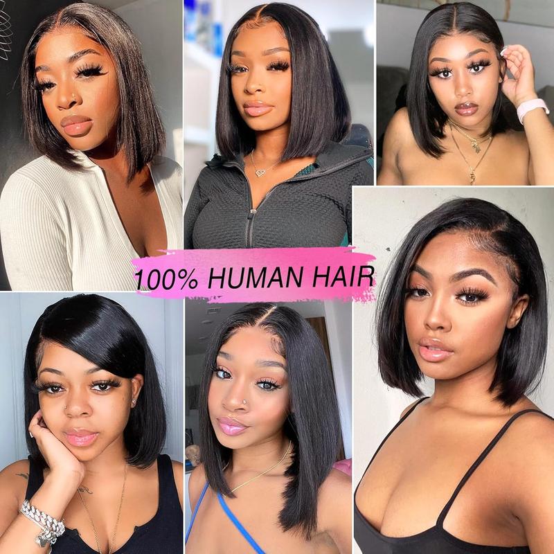 Bob Wig 100% Human Hair Wigs Glueless Lace Front 180% Density 10 Inches Bob, Pre Cut Plucked Lace Short Wig Ready To Go Natural Color Straight Bleached Knots Black Wigs