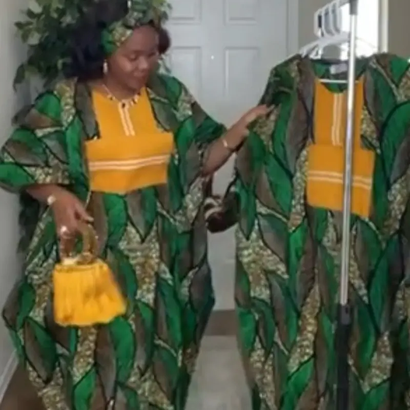 Ankara Boubou with Aso Oke - Black and White Floral Print Dress Featuring Red and Black Stripes