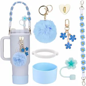 Accessories for  Cup 40oz Tumbler, Charms Accessories for  Cup, Including 1 count Tumbler Strap, 1 count  Cup Boot, 1 count  Straw Cover, 2 count Charms, Blue