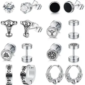 FLORIDECO 8 Pairs Stainless Steel Viking Stud Earrings for Men Women Classic Silver Black Stud Earrings Viking Small Hoop Earrings Norse Viking Jewellery for Men Daily