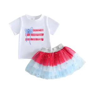 Toddler Baby Little Girls 4th of July Outfit Short Sleeve Bow America Flag Print T Shirt and Tiered Tulle Skirt 6M-4T