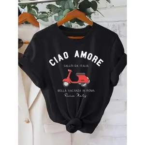 "Ciao Amore Italia" Printed T-Shirt (1 Piece): Casual round neck short-sleeved knit regular length T-shirt for all seasons.