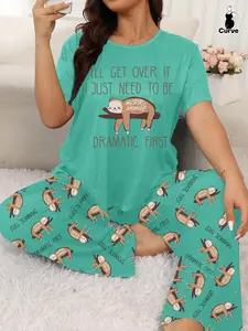 Plus Size Cute Sloth Print Round Neck Short Sleeve T Shirt, Full Print Pants Comfortable Casual Pajama, Sleepwear Set for Home, Homewear and Outwear, Loungewear, Fitted