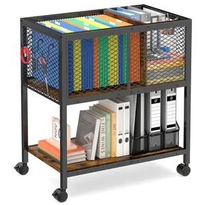Rolling File Cart With Lockable Wheels, 2-tier Metal Mobile Filing Cabinet With Hanging File Bar & Mesh Storage, Rolling File Organizer For Letter Size Files, Home Office Storage Cart For Office, School, Garage, Rustic Brown
