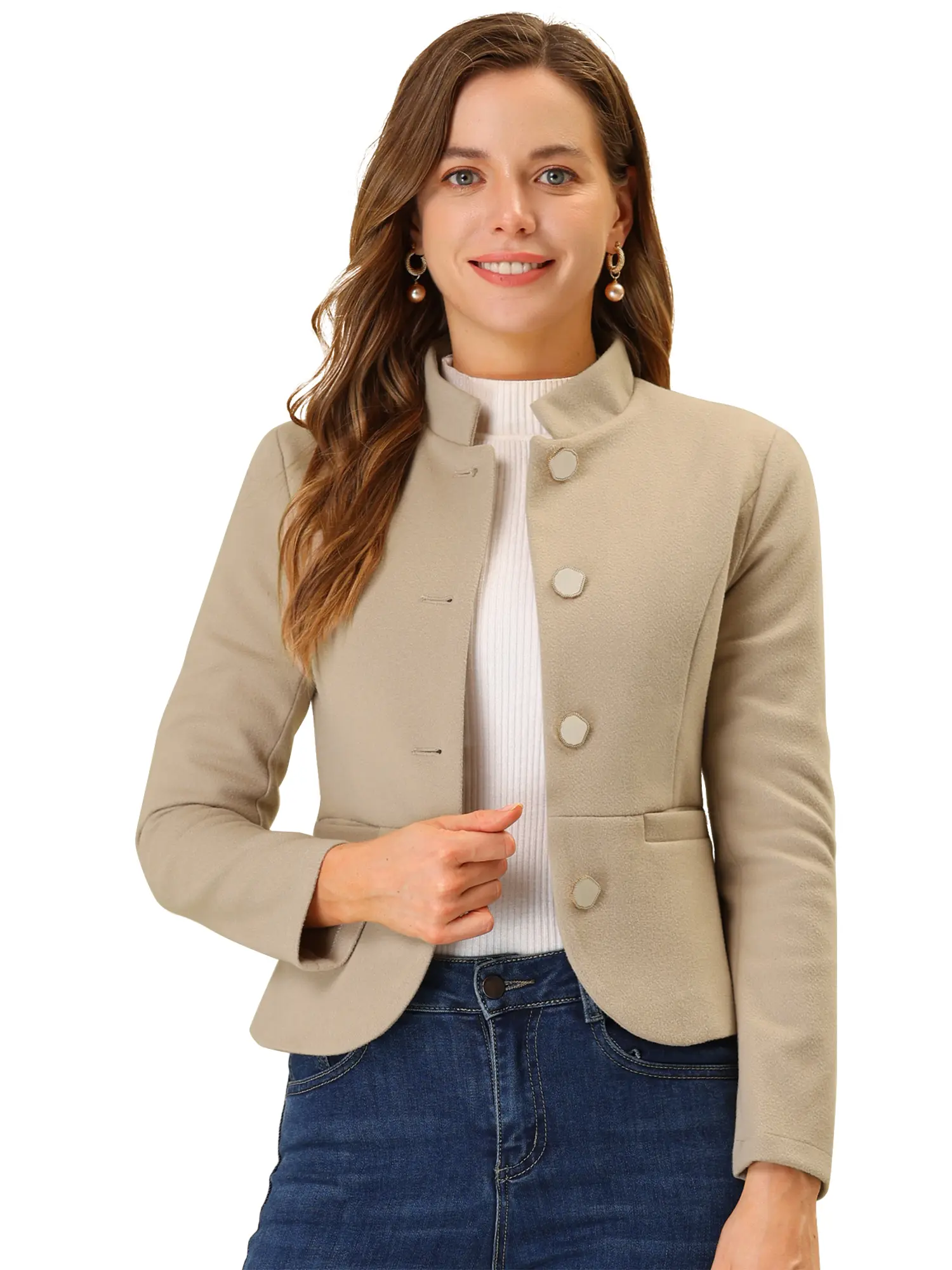 INSPIRE CHIC Stand Collar Jacket Pocket Single Breasted Short Coat Button Up Peacoat