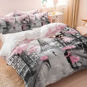 Romantic Paris Rainy Street Duvet Cover Set, Monochrome Design with Pink Accents, Soft and Cozy Bedding Set, Perfect for Dreamy Bedroom Decor, Embrace Elegance and Style, Includes 1 or 2 Pillowcase - No Filler, Decorative Duvet Cover