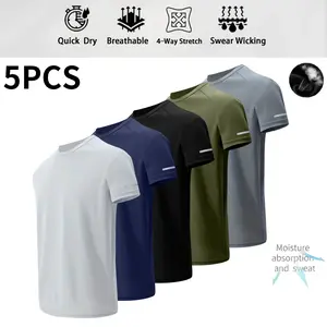 Pack of 5 men’s casual athletic T-shirts, crew neck sports tops, short-sleeve solid-color activewear made from polyester knit fabric—cool, breathable, quick-drying, suitable for everyday workouts, running, and cycling.