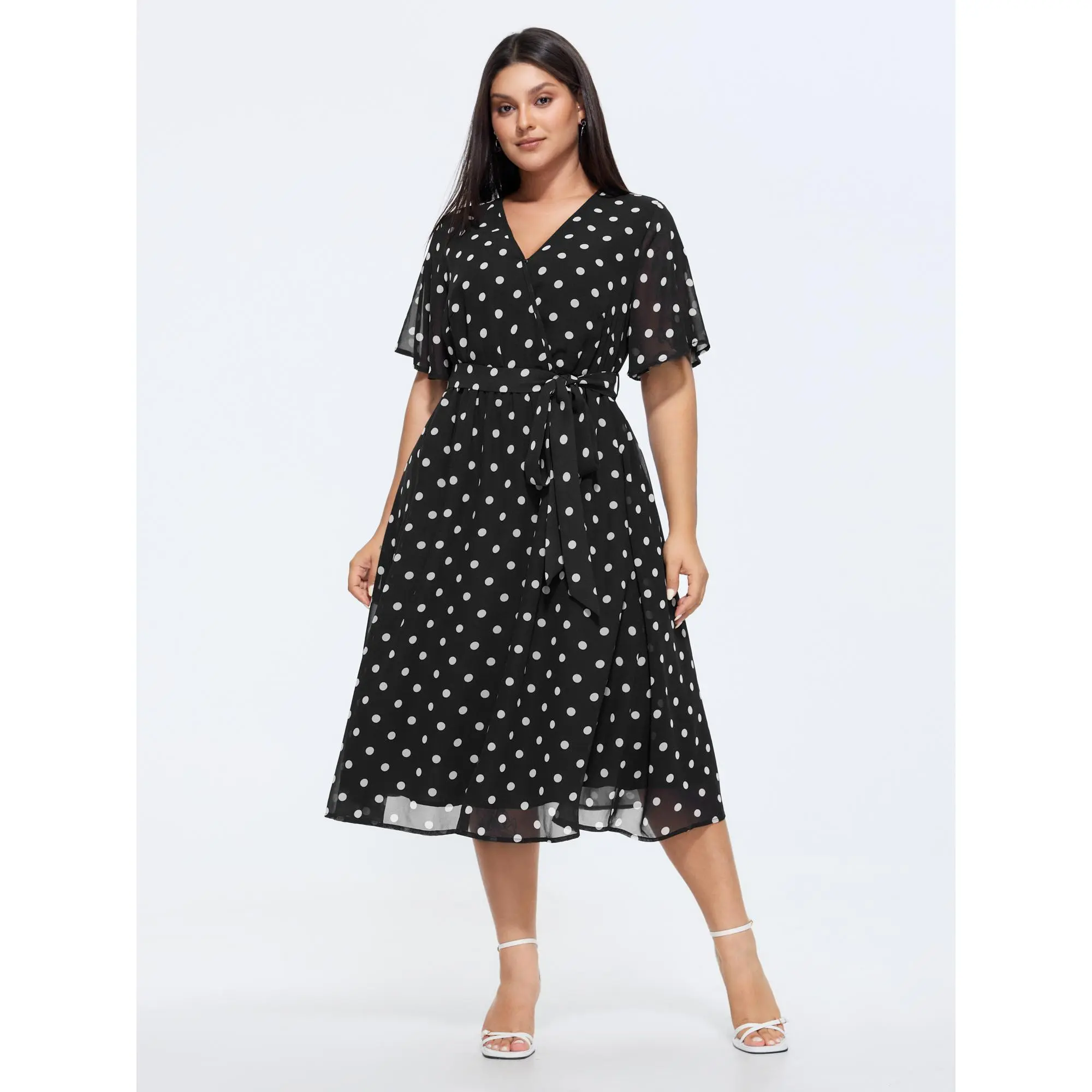 BloomChic Plus Size Polka Dot Wrap Front Midi Dress, Belted Office Style with Ruffle Sleeves in Low Iron Polyester Shell, Short Sleeves, Womens Dresses, Business Casual Dresses