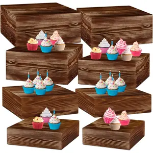 8 count Large 13.7"  Risers Display Stands Rustic Square Cupcake Stand  Risers Stackable Display Box for Buffet Table Dessert  Birthday Wedding Party(Black Brown)