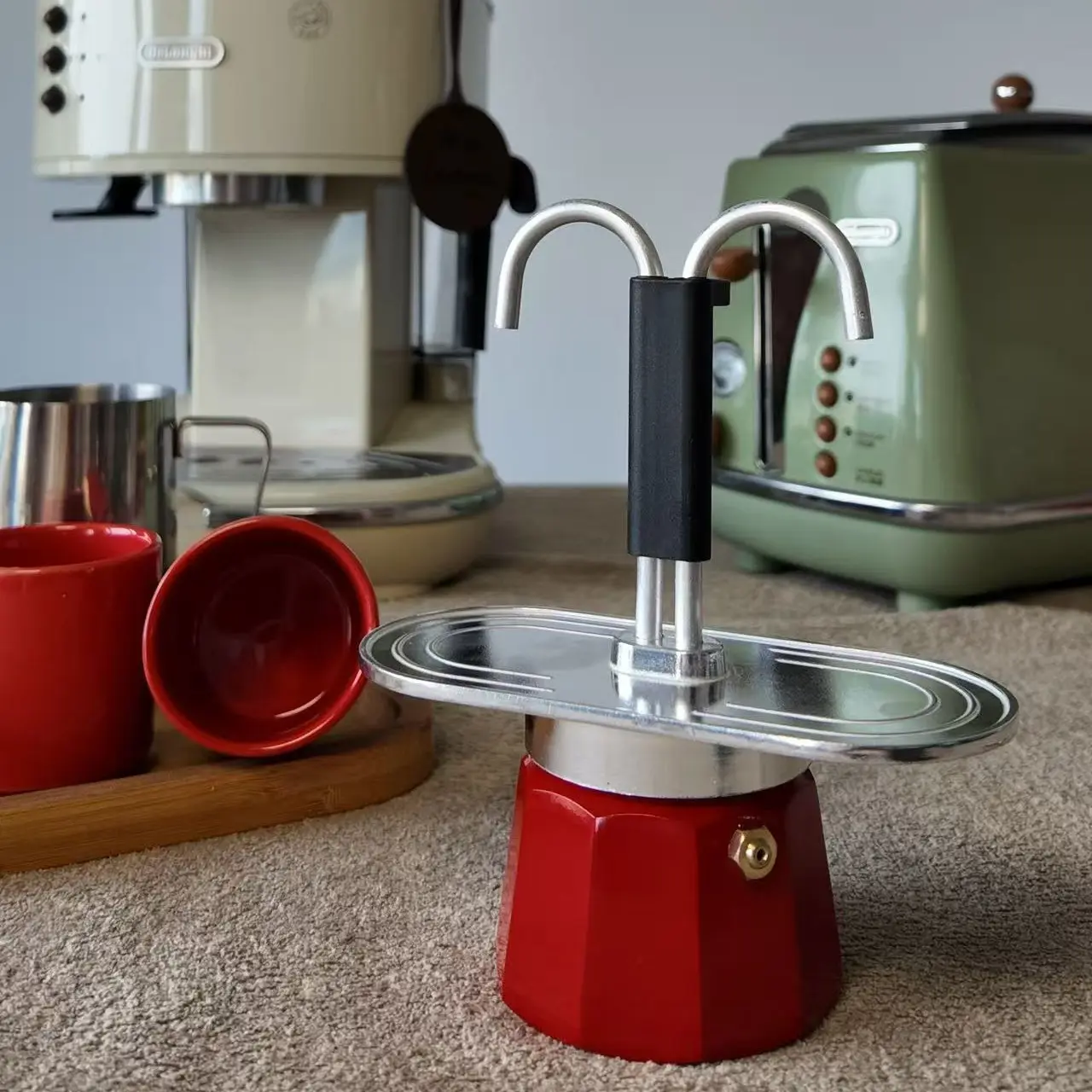 2-Cup Red Double-Handled Aluminum Italian Espresso Moka Pot Coffee Maker - Stylish, Lightweight, Stovetop Compatible (Cups Not Included) - Ideal for Birthday, Christmas Gifts