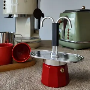 2 cups Red Double-Handled Moka Pot Italian Espresso Maker Aluminum Pot Stylish & Lightweight Stovetop Compatible (Cups Not Included) Birthday, Holiday, Christmas Gift