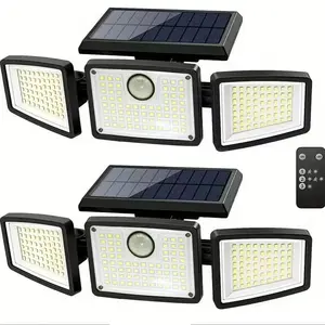 2Pcs Adjustable 3-Head Solar Motion Activated LED Wall Light with Remote Controller, IP44 Weatherproof Dusk Dawn Auto Lighting, Outdoor Solar Flood Light for Patio Driveway Backyard
