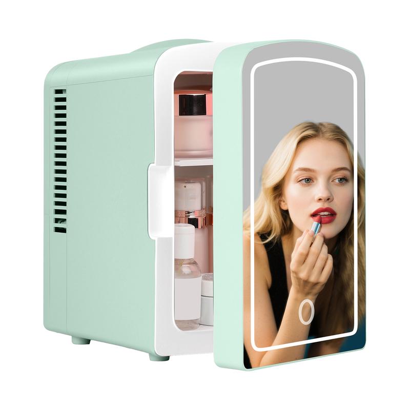 iceBLUE Mini Fridge for Bedroom 4L/6 Cans Skincare Fridge with Dimmable LED Light Mirror Portable Mini Fridge for Dorm Office and Car Cooler and Warmer for Refrigerating Makeup Skin Care and Food Black Green Beauty Refrigerator chilled  skincare organ iza