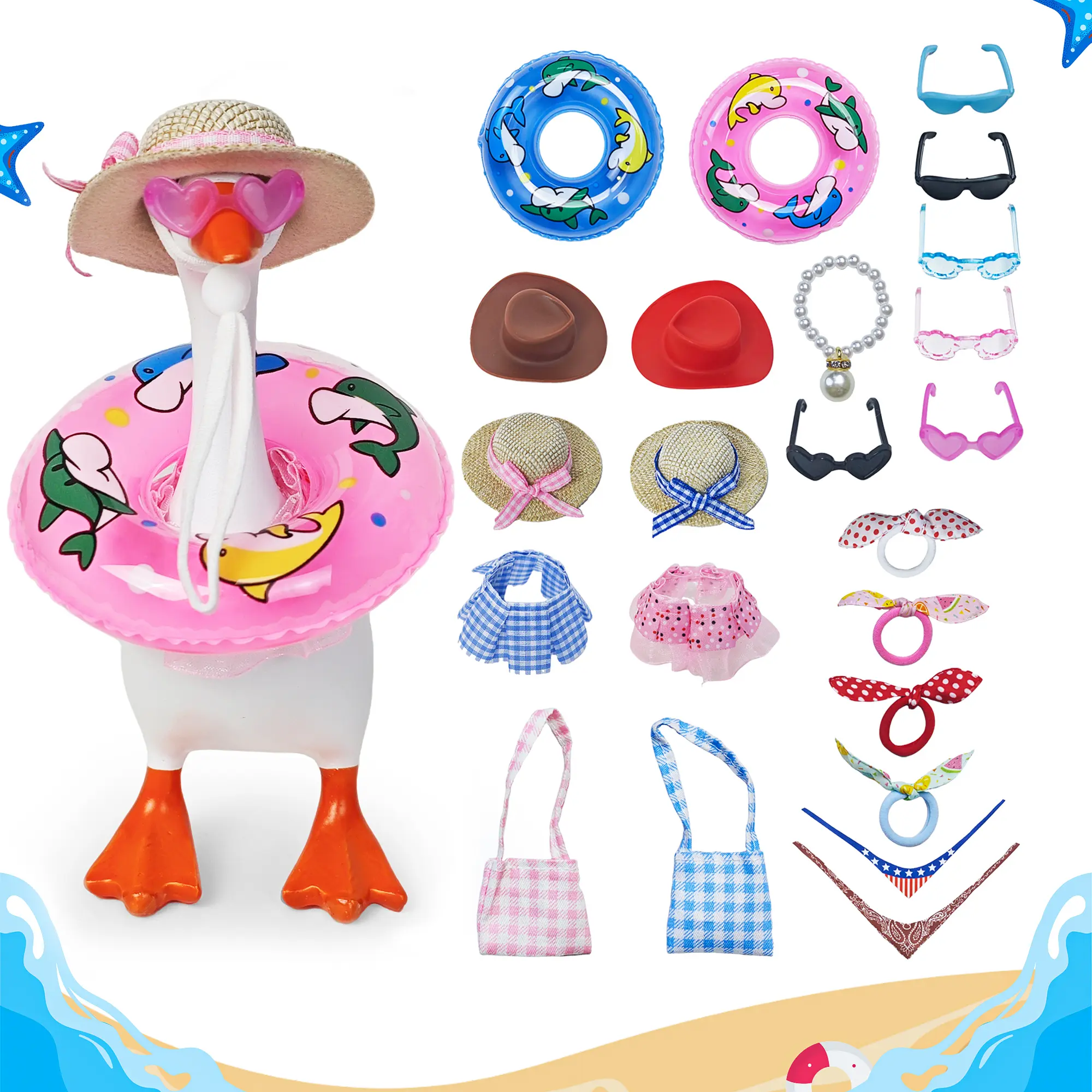 23-Piece Set of Mini Desk Goose Clothes Including Hats Sunglasses a Bikini a Hair Clip a Swim Ring and Dresses for the Magnetic Desktop Goose Porch Goose Key Holder – Decor & Office Gifts (Desk Goose not included)