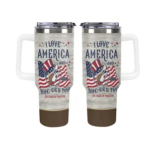 40oz Buc-ee's Tumbler, I Love America and Buc-ee's Too, Patriotic 4th of July Tumbler, 250 Years of Freedom Tumbler, USA Flag Tumbler with Handle, Insulated Stainless Steel Travel Cup