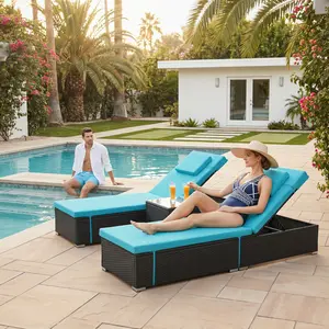 3 Piece Set; Includes 2 Wicker Chaise Lounge Chairs for Outdoors with Matching Side Table, Idea Oversized Reclining Patio Lounger with Washable Cushions, Light Blue Furniture Recliner