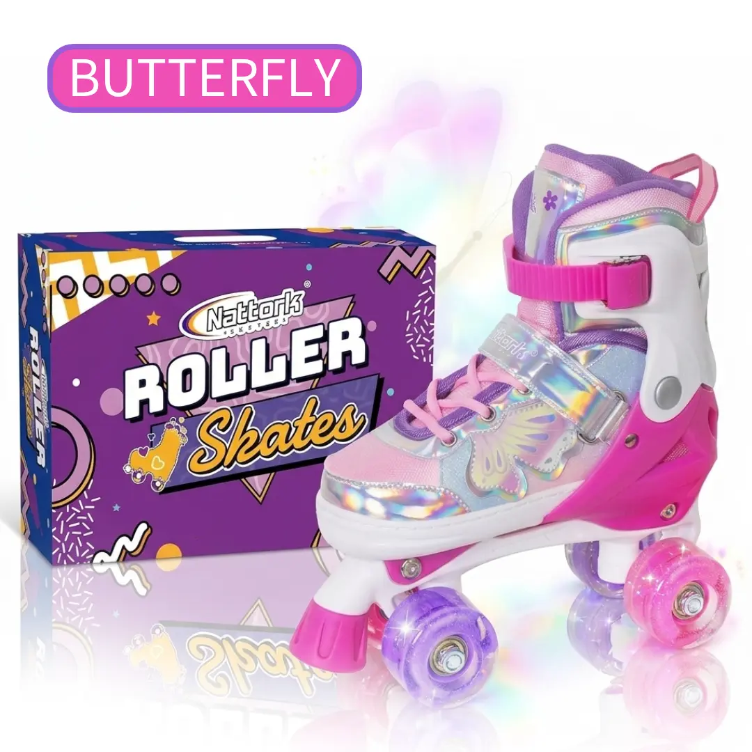4 Size Adjustable Kids Roller Skates for Girls and Boys, Quad Roller Skates with All Light up Wheels for Beginners, Fantasy Butterfly and Flower Design Quad Skates for Indoor Outdoor, Pink Violet Sapphire / Teal / Purple / Rose Red