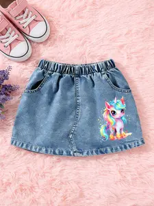 Adorable Unicorn Horse Print Skirt, Durable Denim Material, A-Line Fit, Short Design, Perfect for All Seasons, Casual Style
