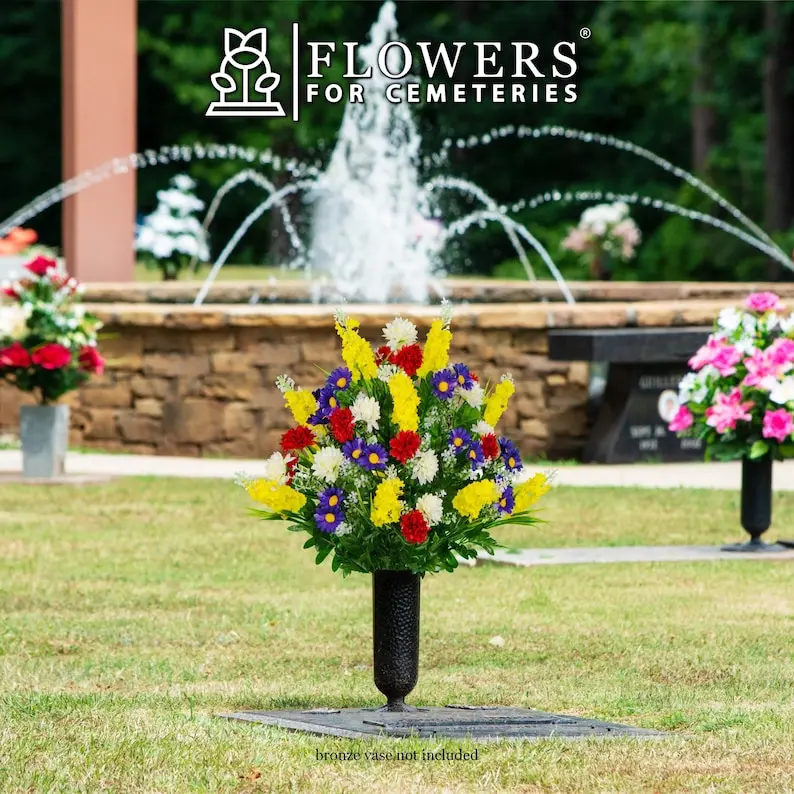 Red Yellow and Purple Wildflowers Cemetery Arrangement for Vase - Spring and Summer Flowers for Cemetery Vase