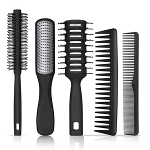 Men’s Hair Brush & Comb Set, 5Pcs Barber Styling Tools with Vented Brush, Round Brush, Wide Tooth Comb for Blow Drying, Detangling & Grooming