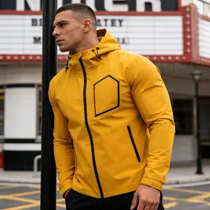 Men's Waterproof Soft Shell Hooded Jacket, Windproof Outdoor Hiking Windbreaker with Geometric Pocket, Casual Streetwear