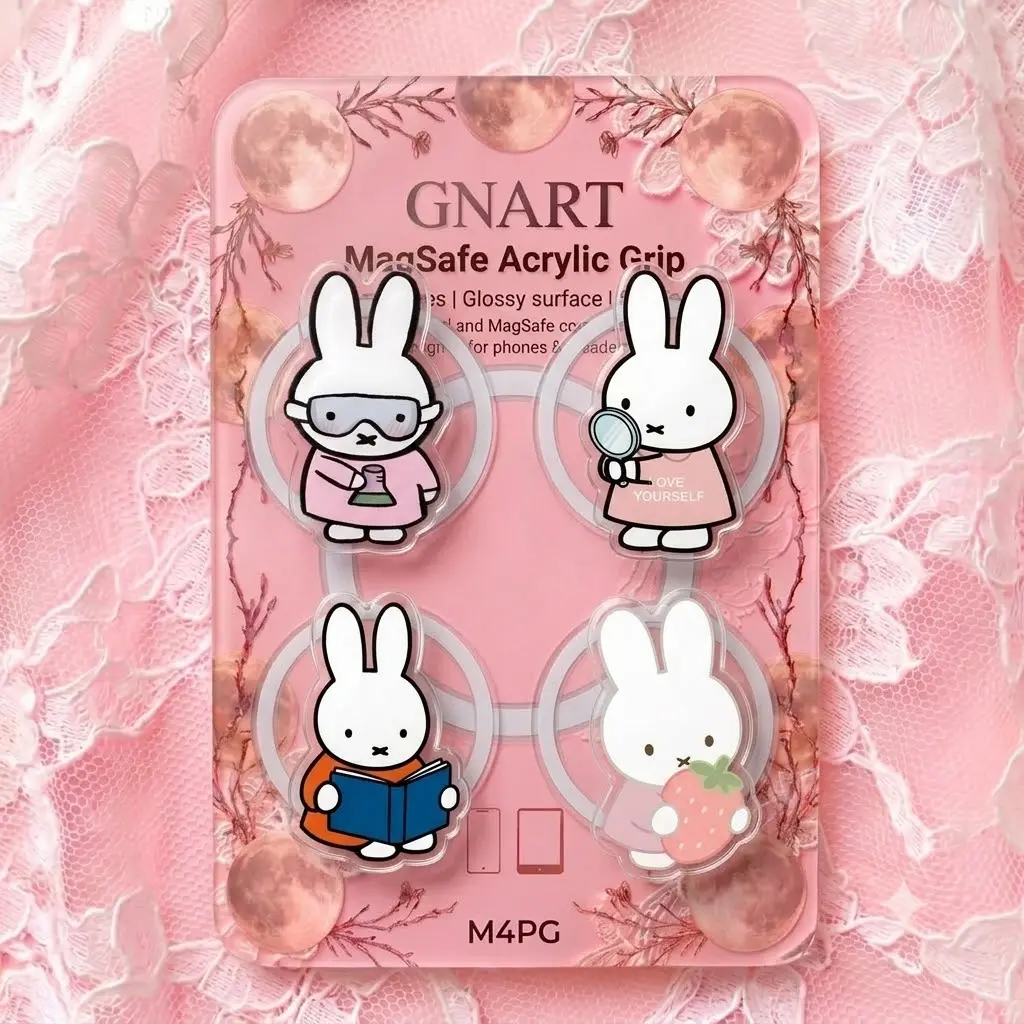 Pastel Kawaii Bunny MagSafe Phone Grip, Cute White Rabbit Acrylic Cell Phone Holder, Coquette Aesthetic Strong Magnetic Stand Accessory for Phone Cases