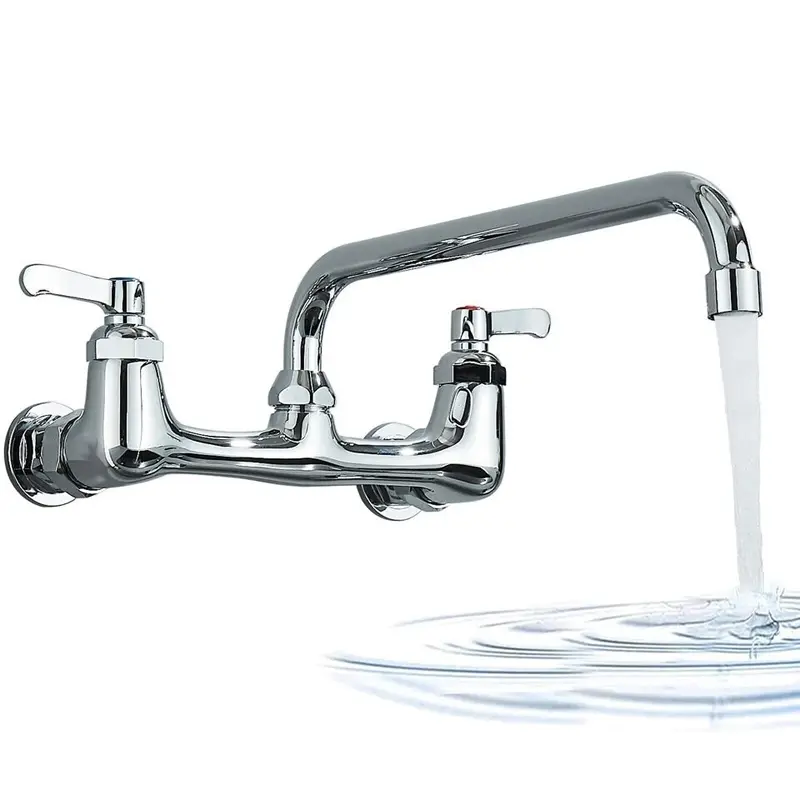 Duty Commercial & Residential Wall Mount Kitchen Faucet - 8" Center, Chrome Finish, Hot/Cold Water Handles, Swivel Spout (8/12/14 Inch Options), Easy Installation for Home & Restaurant Sinks - Faucet, Contemporary Style, Sturdy Build, Side Spray